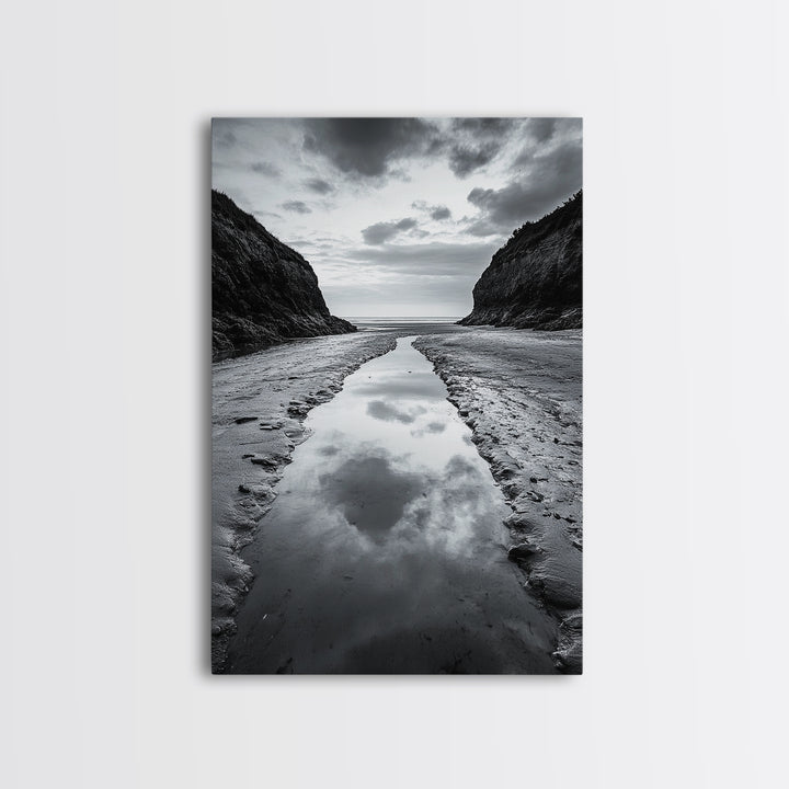 Ocean Reflection, Seaside Path, Moody Coastline, Canvas Print, Black and White Nature Photography, Modern Living Room Wall Art