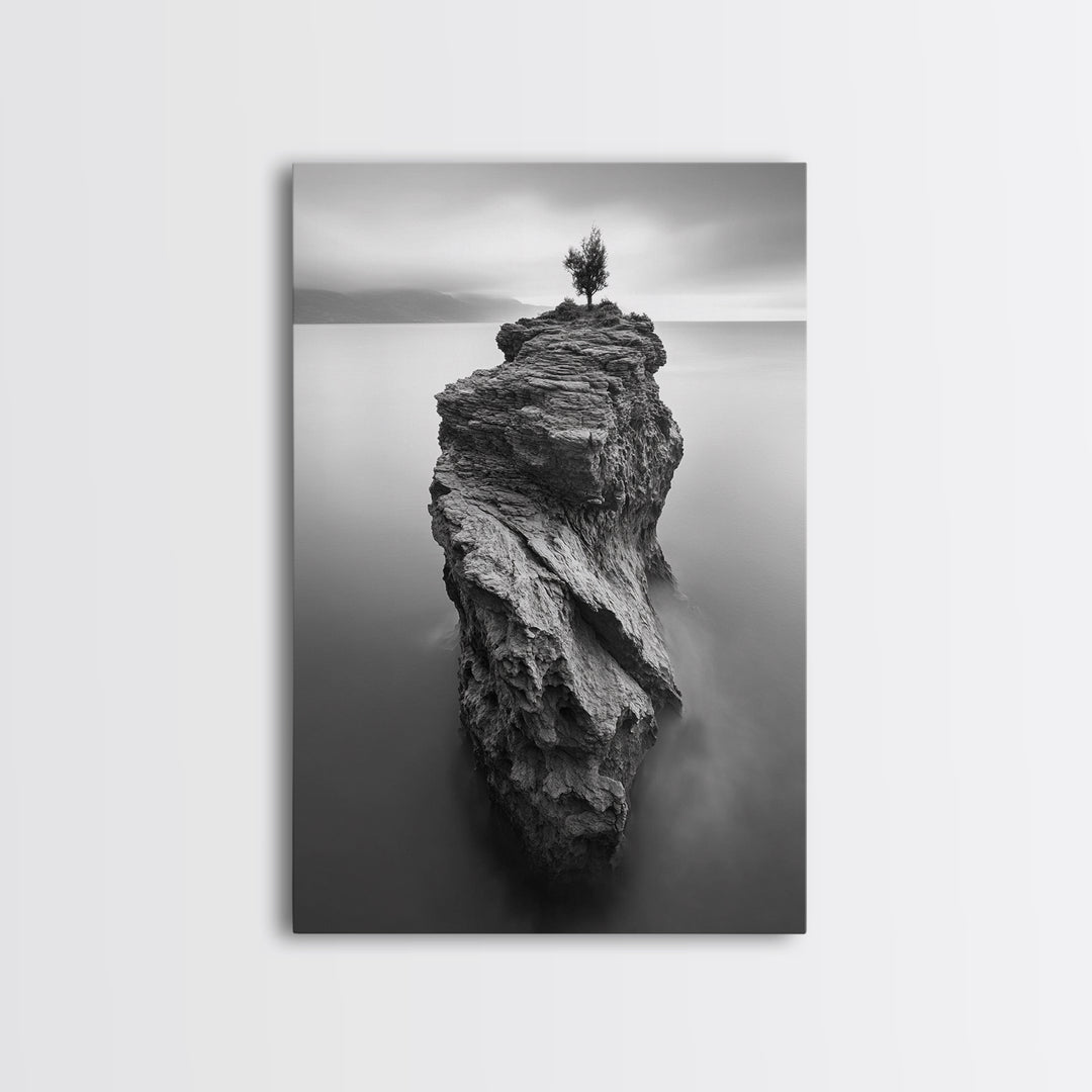 Solitary Cliff Tree, Calm Waters, Moody Horizon, Framed Canvas Print, Minimalist Nature Wall Art, Office Wall Decor, Zen Art