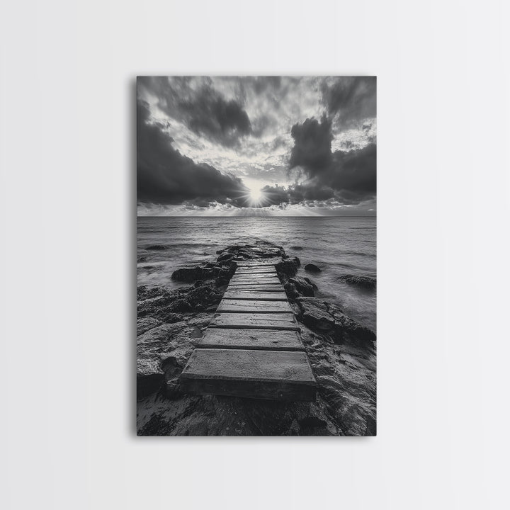 Ocean Pier Sunset, Dramatic Clouds, Seascape Pathway, Canvas Print, Coastal Living Room Art, Tranquil Decor, Minimalist Style
