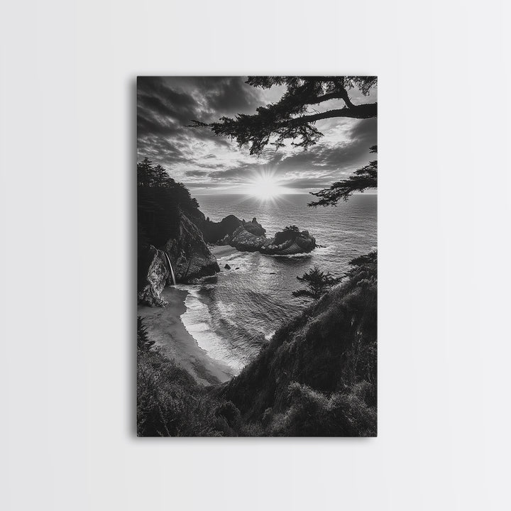 Cliffside Ocean View, Sunset Horizon, Trees Framing Sky, Canvas Print, Coastal Landscape Art, Cabin Living Room Decor, Moody Style
