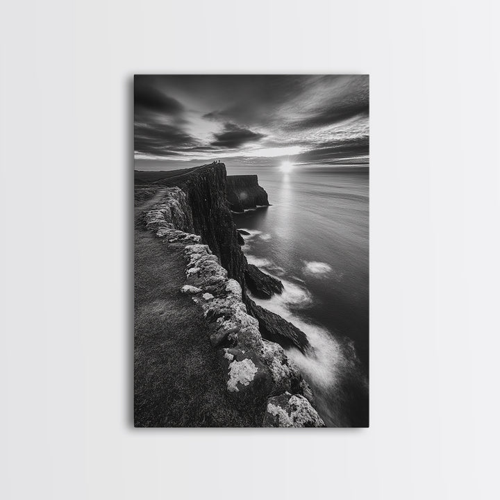 Rugged Sea Cliffs, Sunset Horizon, Serene Waters, Framed Canvas Print, Modern Nature Wall Art, Office Decor, Coastal Aesthetic