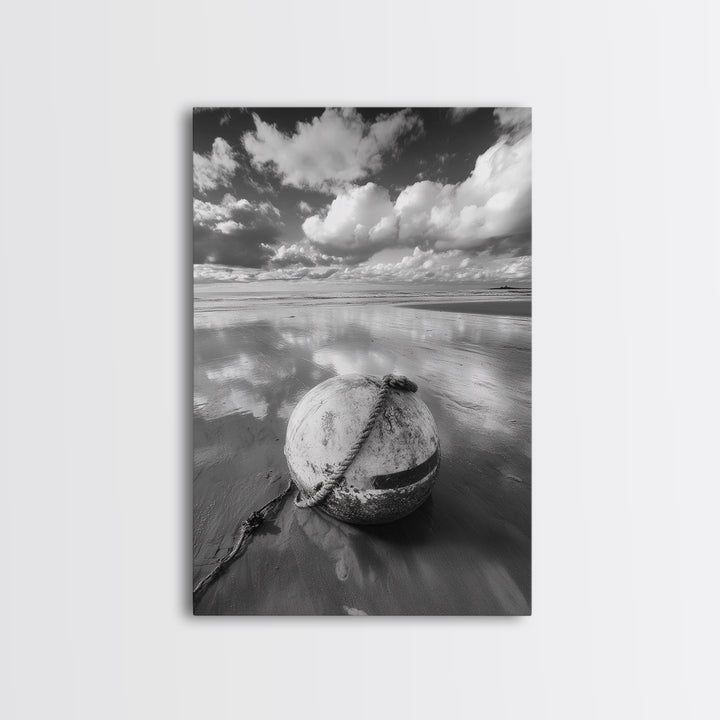 Washed buoy shore, coastal solitude, beach reflections, nautical simplicity, Framed Canvas Print, guest room art, seaside rustic wall decor