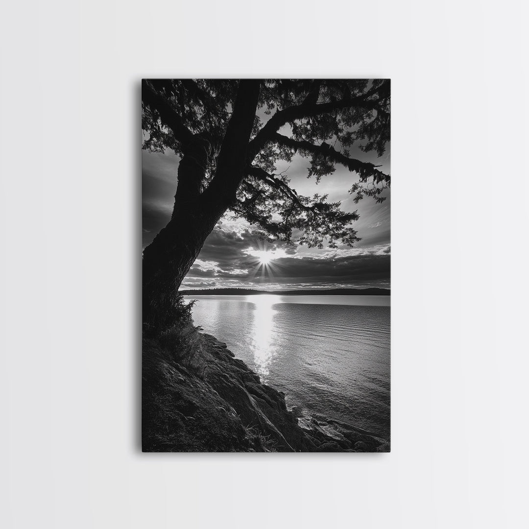 Tranquil Lake Sunset, Tree Silhouette, Calm Waters, Canvas Print, Nature Inspired Wall Art, Relaxing Bedroom Decor, Minimalist Zen