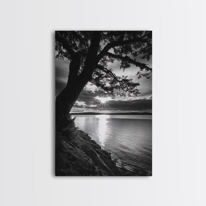 Tranquil Lake Sunset, Tree Silhouette, Calm Waters, Canvas Print, Nature Inspired Wall Art, Relaxing Bedroom Decor, Minimalist Zen