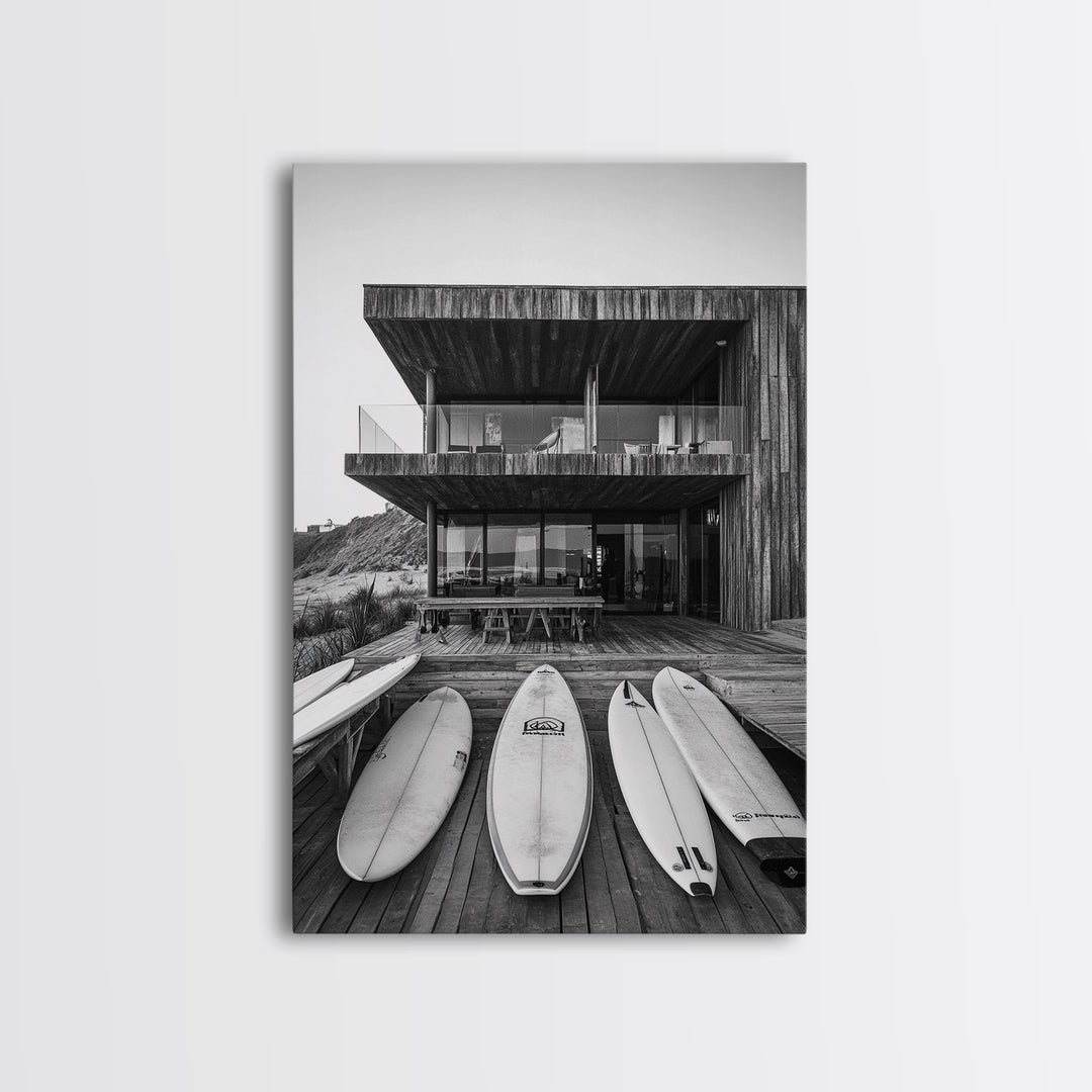 Surf Shack, Beach House, Modern Architecture, Coastal Lifestyle, Framed Canvas Print, Living Room Art, Nautical Wall Decor, Surf Wall Art