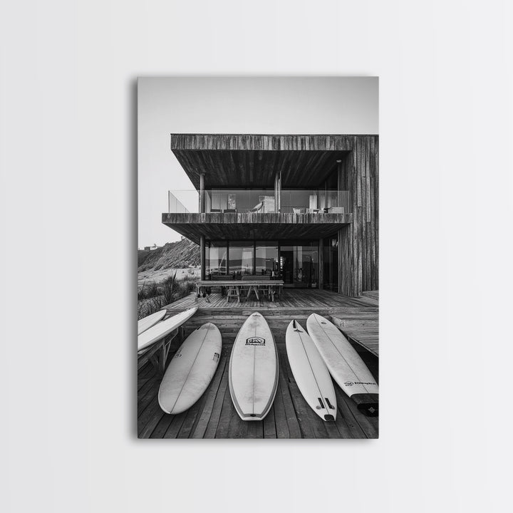 Surf Shack, Beach House, Modern Architecture, Coastal Lifestyle, Framed Canvas Print, Living Room Art, Nautical Wall Decor, Surf Wall Art