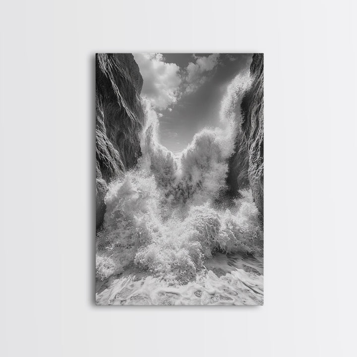 Ocean Splash, Cliff Waves, Nature Power, Dramatic Seascape, Framed Canvas Print, Living Room Statement, Black and White Wall Art