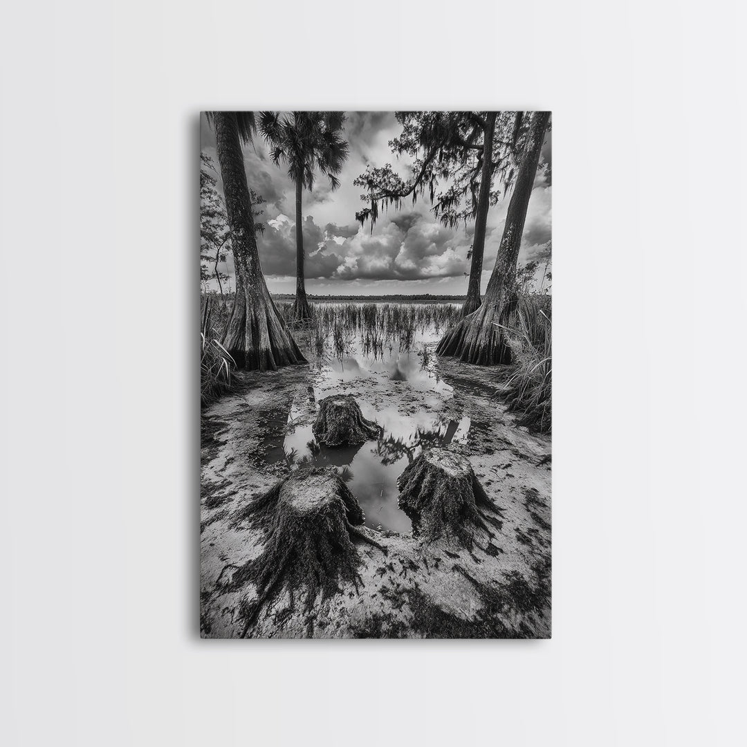Swamp Scene, Cypress Trees, Reflection Water, Southern Nature, Canvas Print, Cabin Wall Art, Moody Landscape, Autumn Rustic Decor