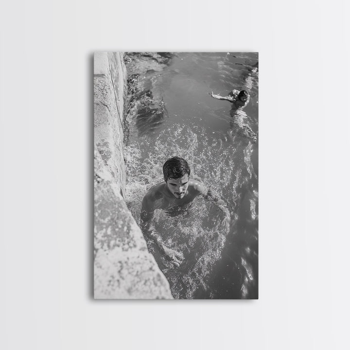 Swimmers, Summer Water, Beach Moment, Candid Photography, Framed Canvas Print, Bathroom Wall Art, Youthful Energetic Decor