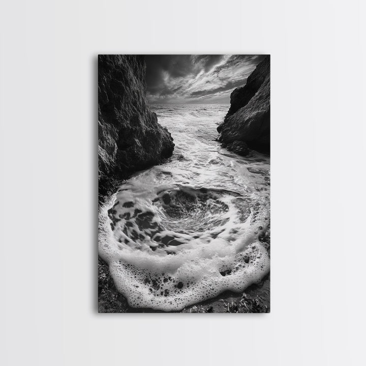 Sea Whirlpool, Dramatic Ocean, Coastal Rocks, Nature Motion, Framed Canvas Print, Bathroom Art, Modern Seaside Wall Decor