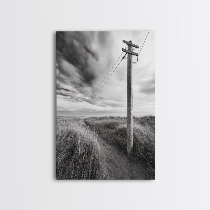 Coastal Path, Telephone Pole, Cloudy Sky, Minimal Nature Scene, Canvas Print, Entryway Wall Art, Rustic Landscape Photography Decor