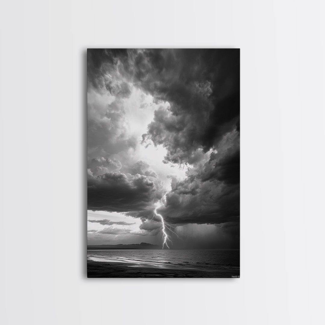 Lightning Strike Beach, Stormy Sky Photography, Dramatic Landscape, Office Wall Art, Nature Scene, Framed Canvas Print, Bold Wall Decor