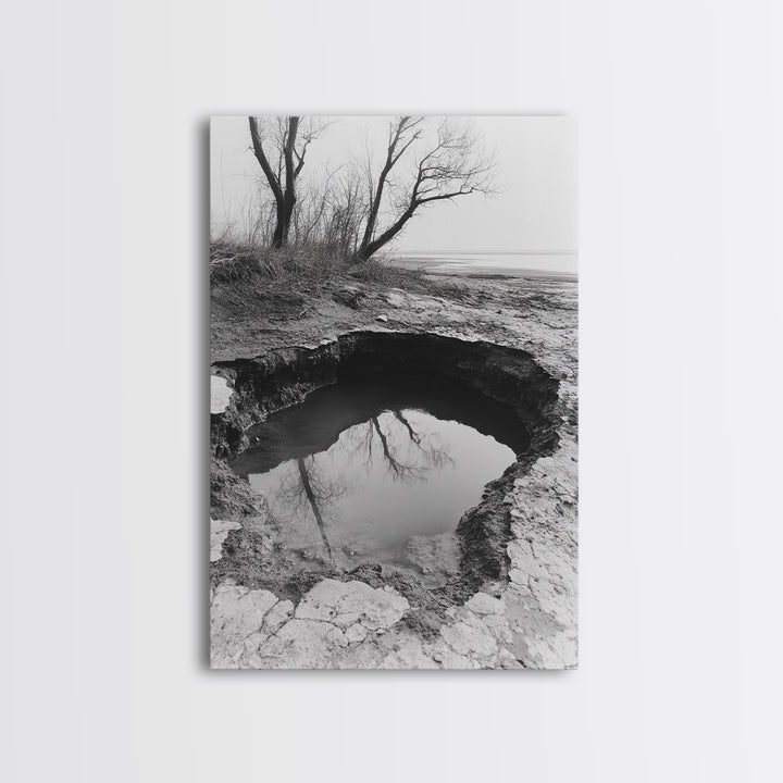 Reflected Trees Pool, Black White Nature, Moody Autumn Wall Art, Rustic Minimalist Style, Framed Canvas Print, Entryway Home Decor