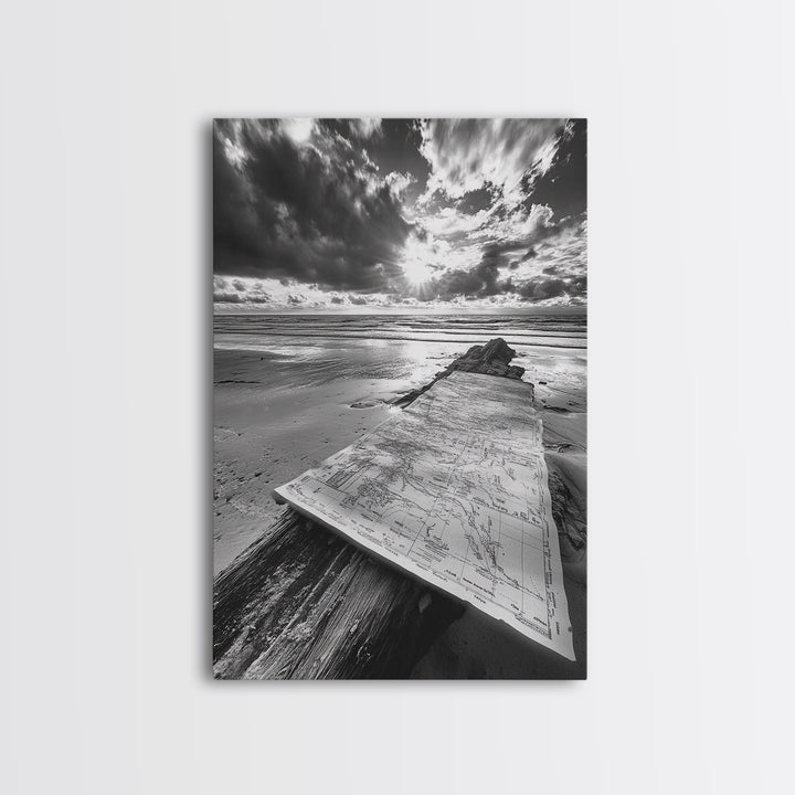 Map On Beach, Travel Adventure Art, Wanderlust Decor, Coastal Office Style, Framed Canvas Print, Explorer Aesthetic, Black White Scene