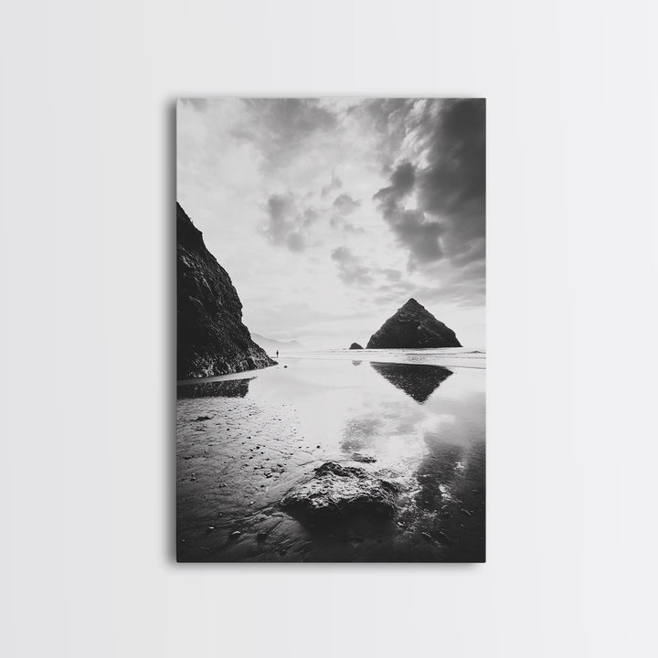 Remote beach reflection, lone hiker wanderlust, coastal rockscape, black white dreamscape, Framed Canvas Print, living room moody decor