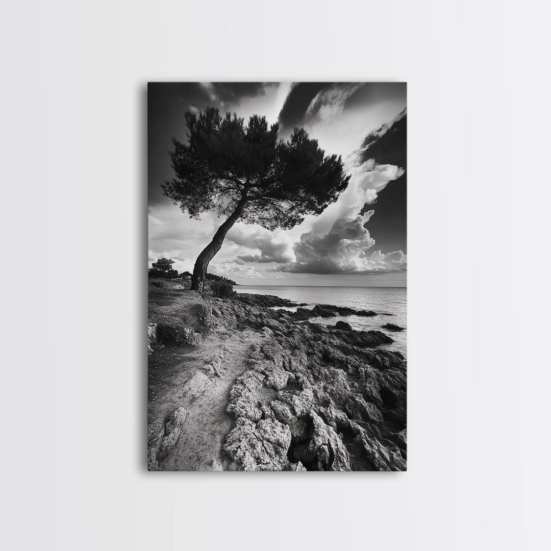 Wind Bent Tree, Coastal Cliff, Solitary Beauty, Canvas Print, Nature Photography Wall Art, Minimalist Earthy Decor, Moody Landscape