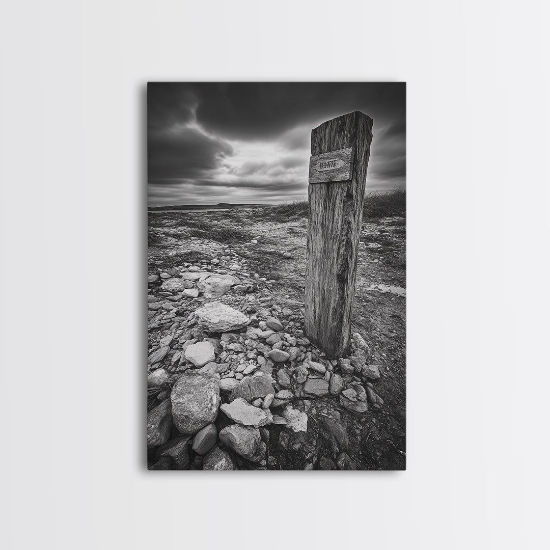 Weathered Exit, Symbolic Marker, Coastal Path, Canvas Print, Rustic Wall Art, Moody Landscape Decor, Entryway Statement Piece