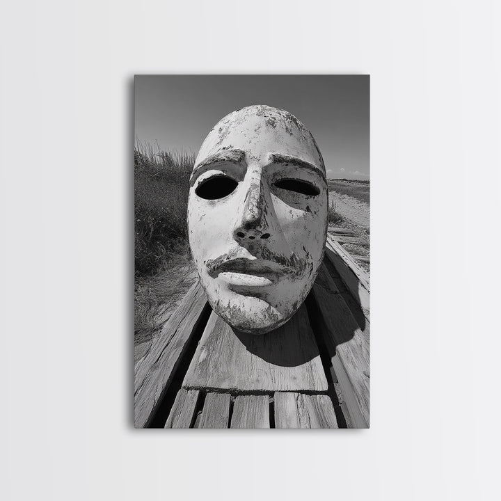 Weathered Mask, Coastal Surreal, Driftwood Dream, Canvas Print, Abstract Wall Art, Rustic Home Decor, Boho Artistic Style