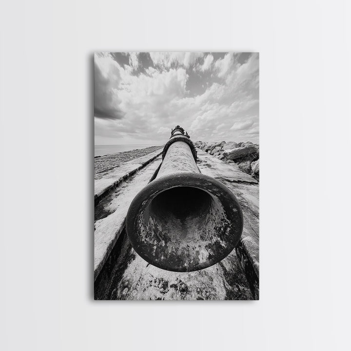 Abandoned Pipe, Coastal Decay, Industrial Remains, Framed Canvas Print, Urban Exploration Art, Gritty Minimalist Decor