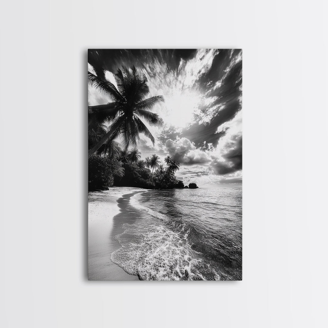 Tropical Sunset Beach, Palms and Waves, Cloudy Skies, Island Vibes, Framed Canvas Print, Coastal Wall Art, Beach House Decor