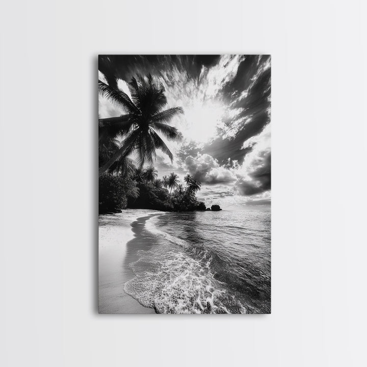 Tropical Sunset Beach, Palms and Waves, Cloudy Skies, Island Vibes, Framed Canvas Print, Coastal Wall Art, Beach House Decor