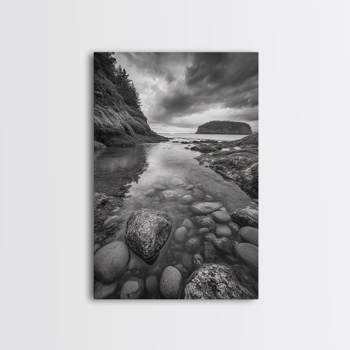Rocky Shoreline Calm, Pebble Tidepool, Ocean Cliffs, Nature Escape, Canvas Print, Bathroom Wall Art, Black and White Coastal Art