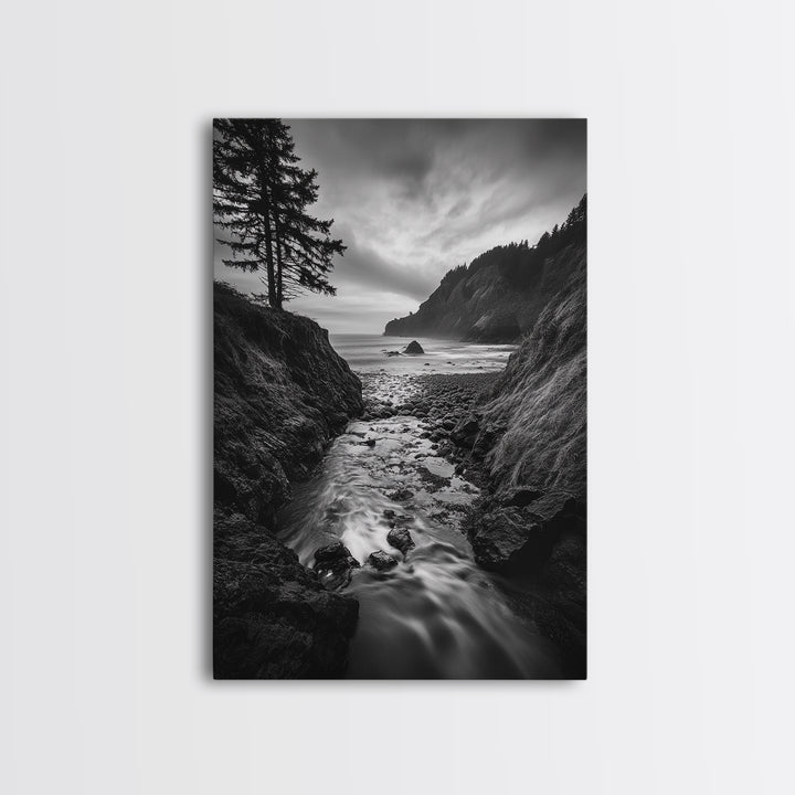 River Meets Sea, Forest Coast, Rugged Beauty, Sunset Flow, Canvas Print, Nature Wall Art, Moody Living Room Landscape