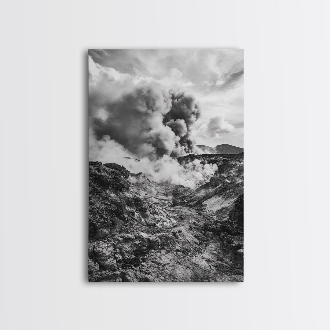 Volcanic Eruption Smoke, Lava Rocks, Earth Energy, Fiery Terrain, Framed Canvas Print, Office Wall Art, Dramatic Nature Landscape