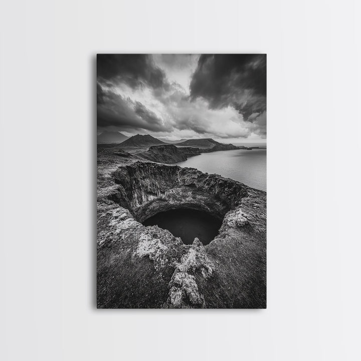 Crater Overlook Coast, Stormy Sky Mountains, Ocean Cliffs, Rugged Wilderness, Canvas Print, Den Wall Art, Moody Black and White Art