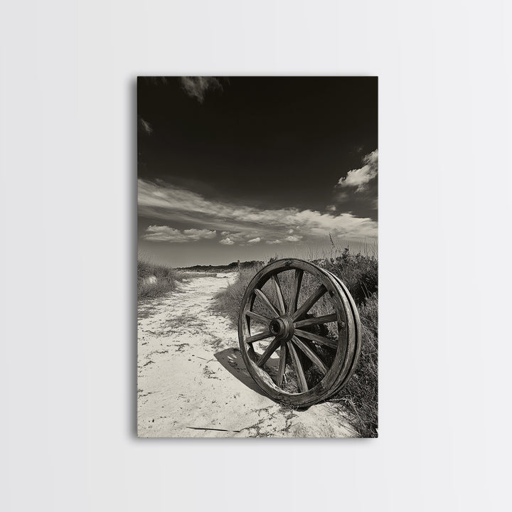 Desert Path, Wagon Wheel, Western Minimalism, Canvas Print, Boho Wall Decor, Neutral Tones, Entryway Art, Rustic Country Style