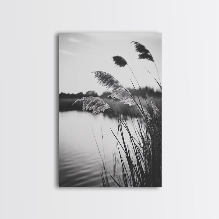 Reed Grass, Gentle Breeze, Black and White Nature, Canvas Print, Minimalist Wall Art, Tranquil Lake Scene, Bedroom Decor