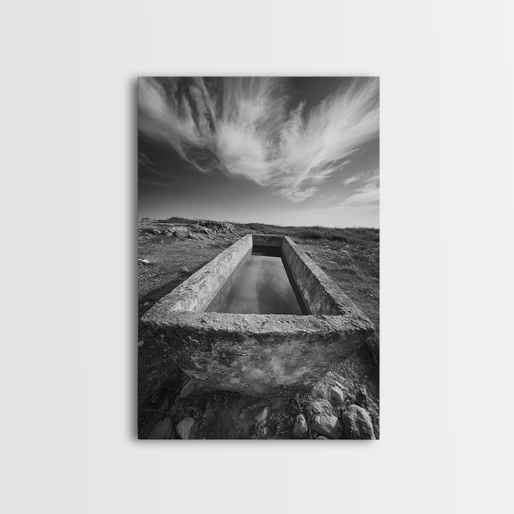 Stone Water Trough, Wild Horizon, Rustic Scene, Framed Canvas Print, Country Farm Decor, Outdoor Living Art, Neutral Wall Accent