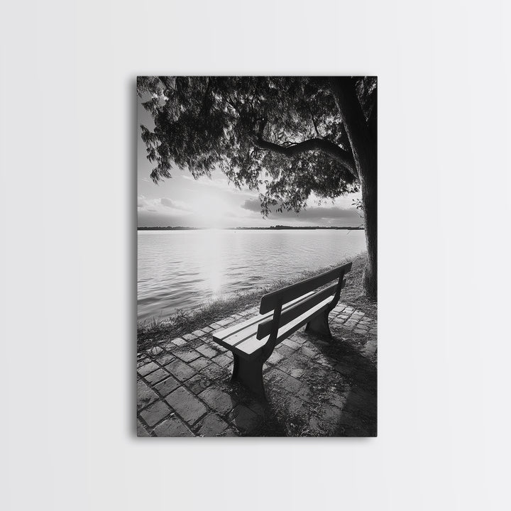 Peaceful Lake Bench, Tranquil Sunrise, Tree Shade View, Nature Serenity, Framed Canvas Print, Minimalist Art, Bedroom Wall Decor