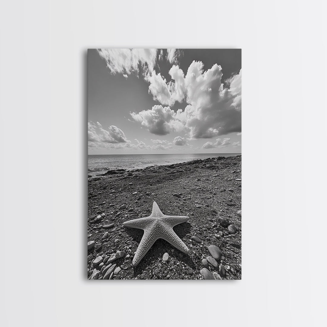 Starfish on Shore, Rocky Beach Scene, Cloudy Sky Horizon, Ocean Calm, Framed Canvas Print, Coastal Art, Bathroom Wall Decor