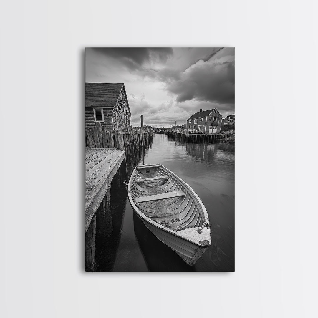 Docked Rowboat Scene, Calm Harbor, Coastal Village, Still Waters, Framed Canvas Print, Seaside Art, Beach House Wall Decor