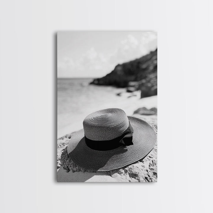 Beach Hat Closeup, Seaside Fashion, Coastal Breeze, Relaxed Mood, Framed Canvas Print, Minimalist Beach Art, Summer Home Decor