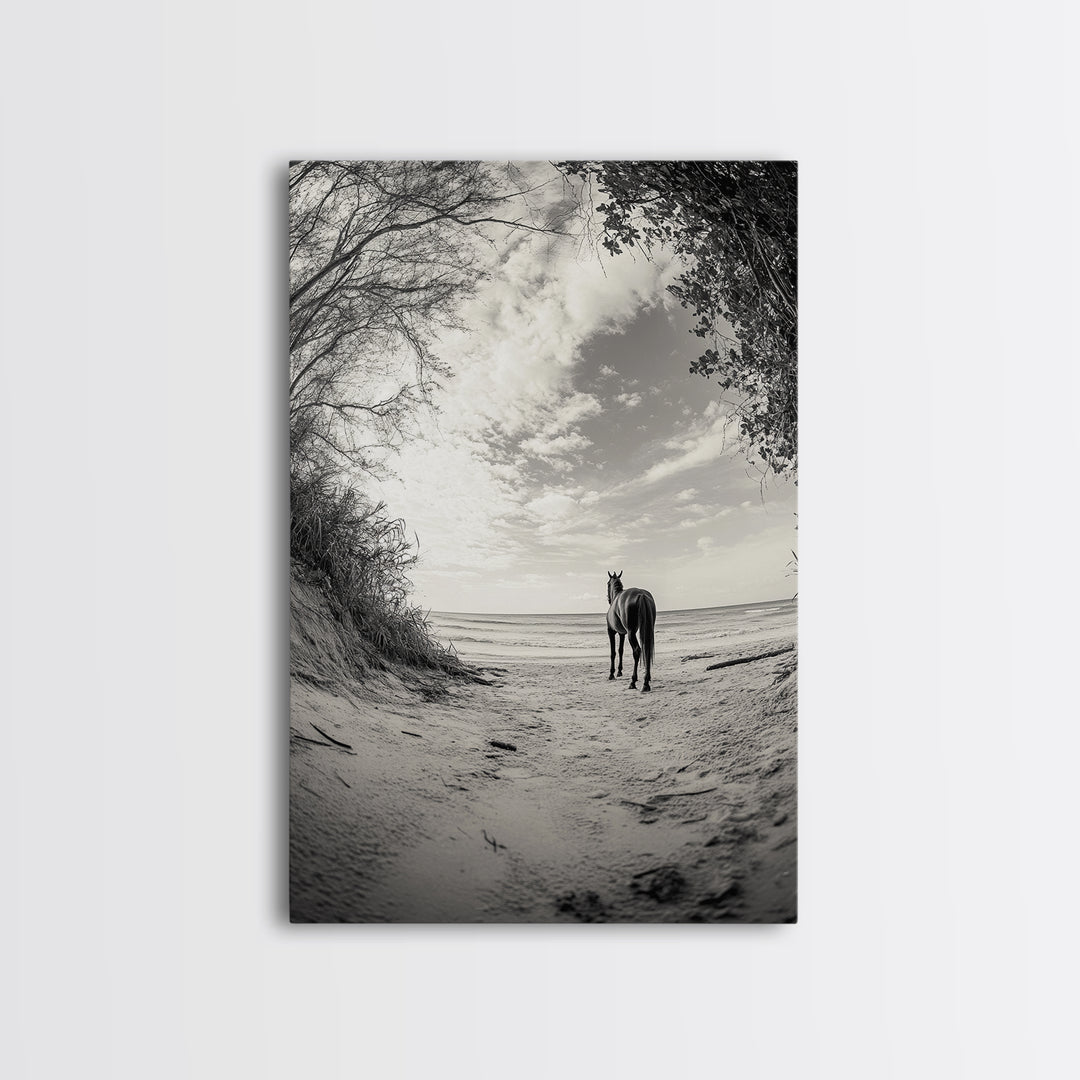 Horse on Shore, Ocean Path Scene, Wild Beauty, Serene Escape, Framed Canvas Print, Boho Wall Art, Bedroom or Entryway Decor