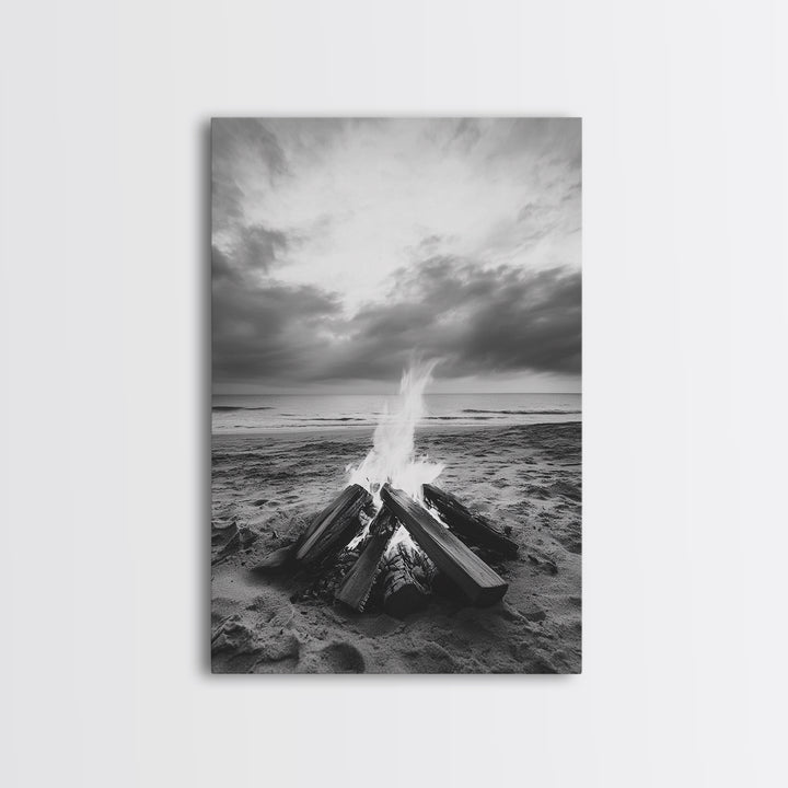 Beach bonfire moment, soft flame serenity, ocean dusk, coastal camp vibes, Framed Canvas Print, Fall decor, hygge inspired wall decor