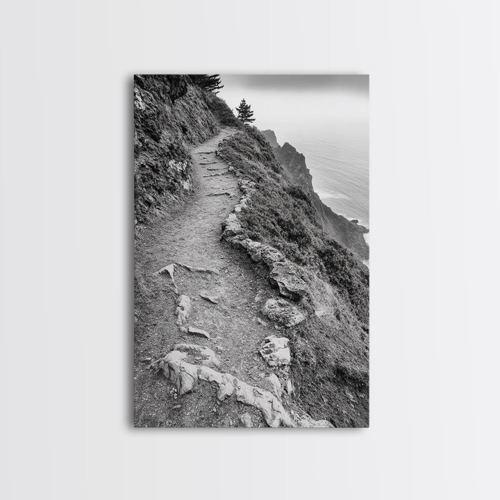 Rocky Cliff Trail, Coastal Hiking, Rugged Landscape, Nature Adventure Art, Framed Canvas Print, Cabin Wall Decor, Black and White Aesthetic