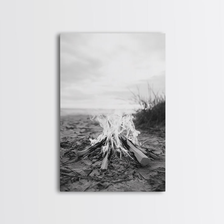 Campfire, Beach, Smoke, Glow - Cozy outdoor scene with flickering flame, Canvas Print, perfect rustic cabin or camping decor, Autumn Wall Art