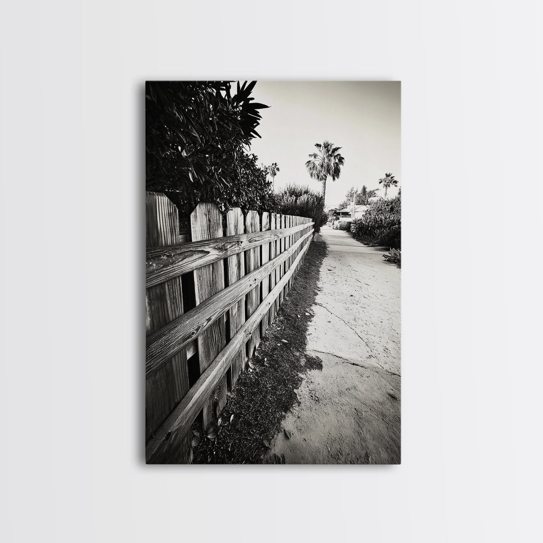 Palm Fence, California Pathway, Suburban Tranquility, Canvas Print, Outdoor Wall Art, Neutral Tones, Modern Minimalist Home Vibe