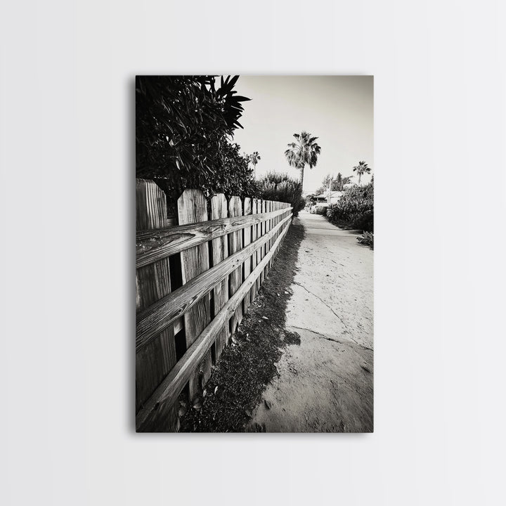 Palm Fence, California Pathway, Suburban Tranquility, Canvas Print, Outdoor Wall Art, Neutral Tones, Modern Minimalist Home Vibe