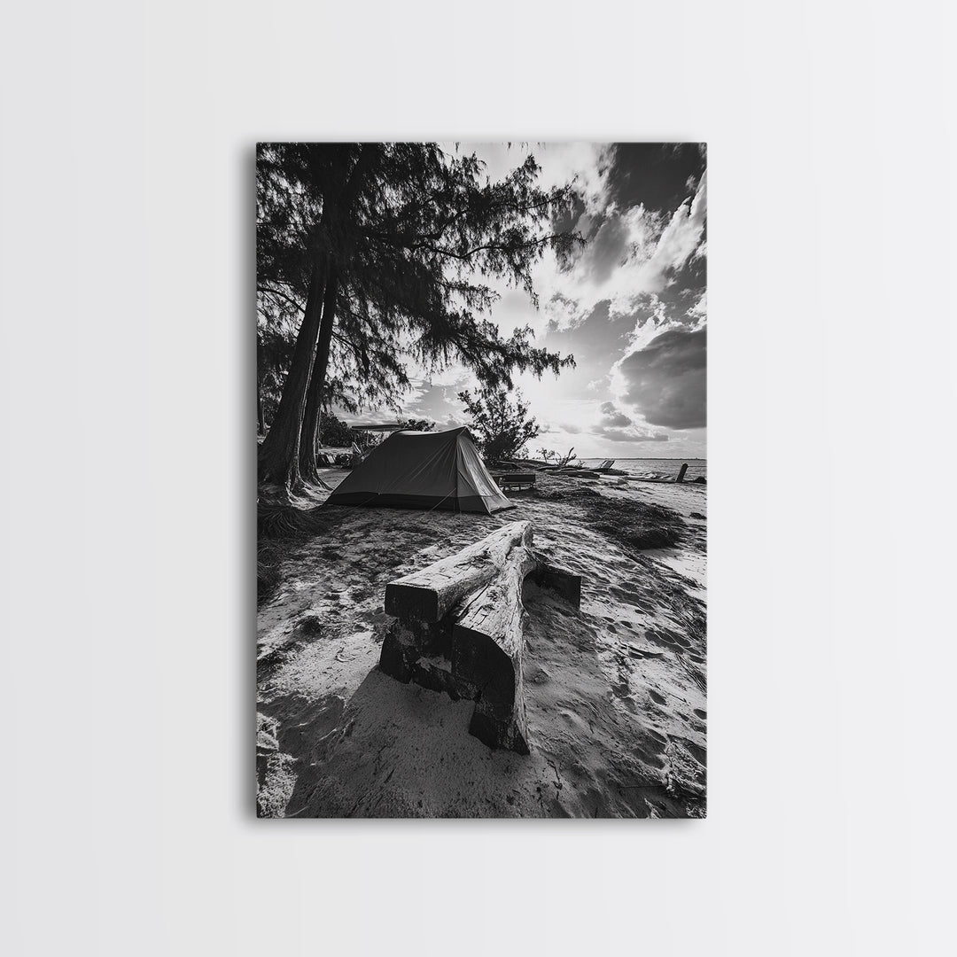Tent, Beach, Sunset, Trees - Rustic camping coastal escape vibe, Framed Canvas Print, ideal bedroom or adventure nursery decor, outdoor art
