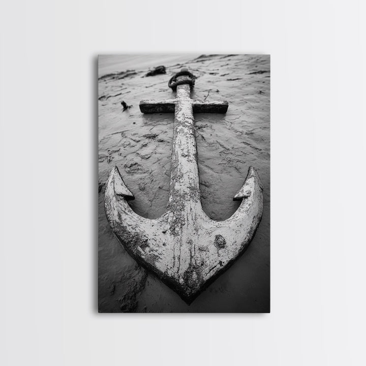 Abandoned Anchor, Nautical Decor, Black White Beach, Framed Canvas Print, Rustic Coastal Wall Art, Entryway Nautical Accent