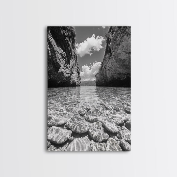 Clear Waterscape, Rocky Shoreline, Tropical Escape, Nature Photography, Framed Canvas Print, Beach House Coastal Wall Art