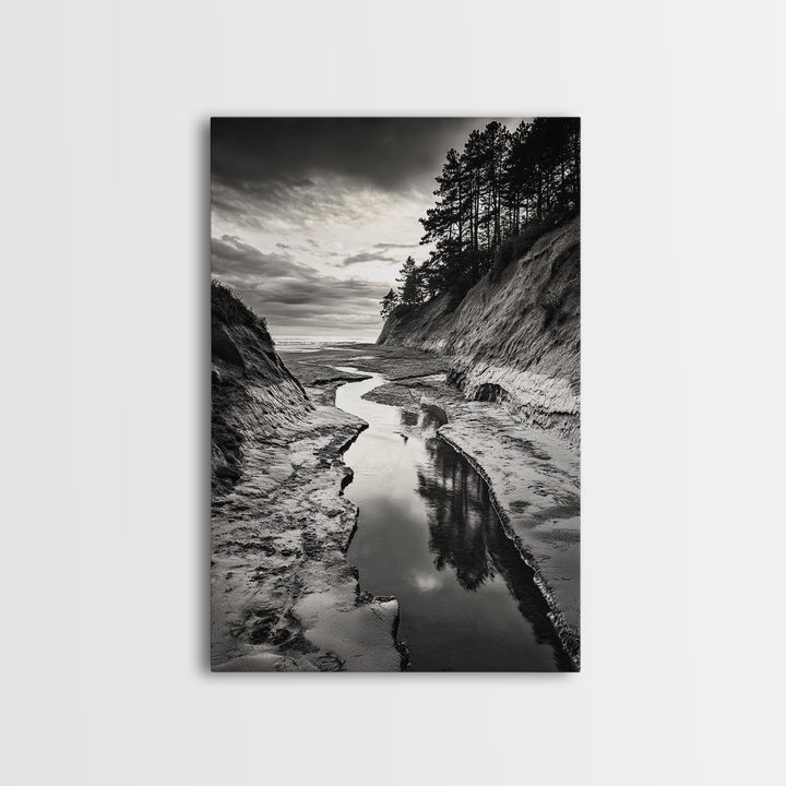 River Canyon, Dramatic Sky, Nature Pathway, Canvas Print, Adventure Wall Art, Cabin Decor, Black White Landscape Photography