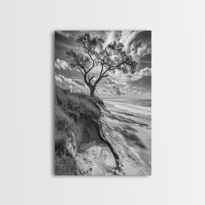 Coastal Tree Scene, Wind Swept Dune, Ocean Beach Horizon, Autumn Coastal Wall Art, Framed Canvas Print, Nature Lover Home Decor