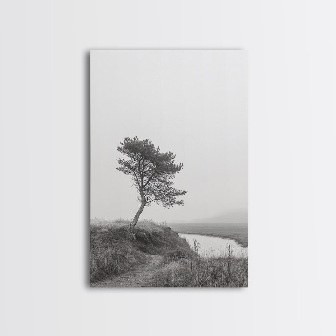 Leaning Tree Path, Soft Fog Scene, Calm Landscape, Canvas Print, Serene Entryway Wall Art, Nature Photography, Minimalist Decor