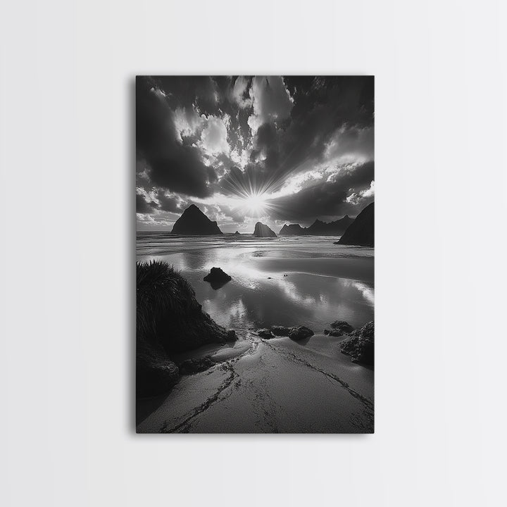 Dramatic Ocean Sunset, Coastal Mountains, Seascape Photography, Canvas Print, Stormy Sky Art, Living Room Focal Wall Decor