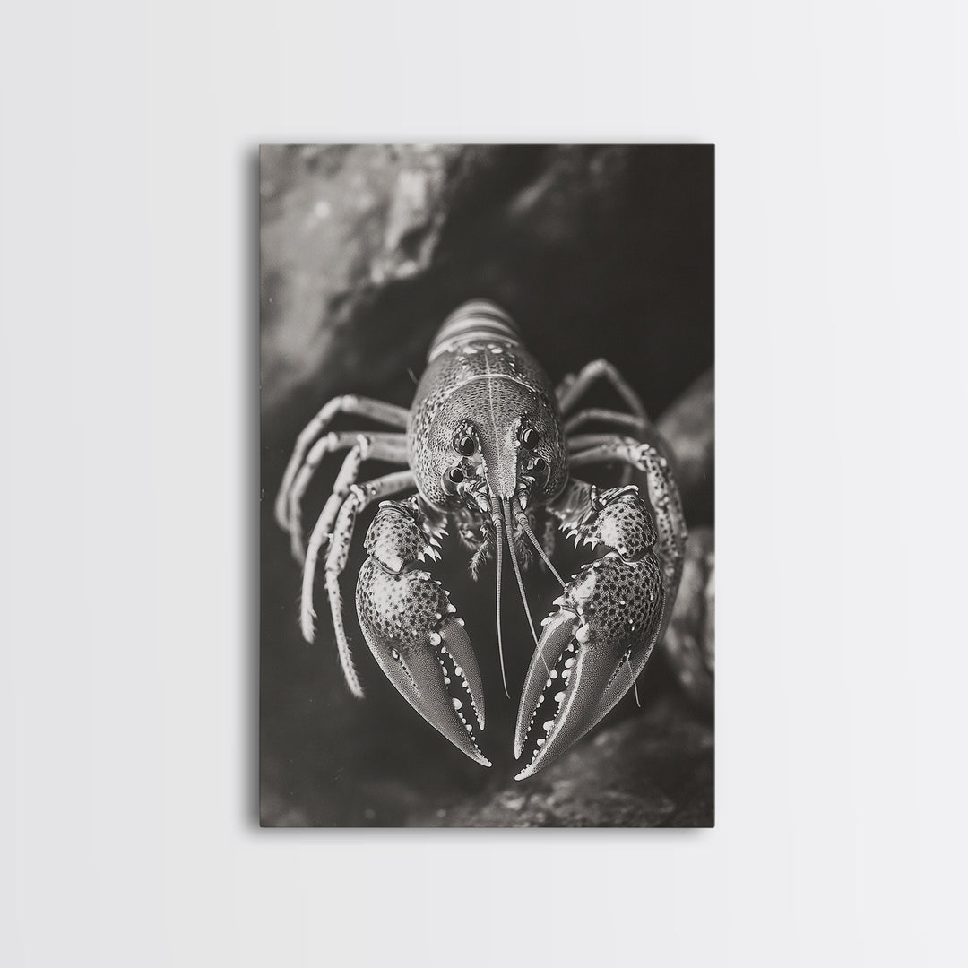 Lobster Close Up, Marine Life Art, Coastal Kitchen Decor, Monochrome Sea Animal, Framed Canvas Print, Ocean Wall Art, Nautical Print